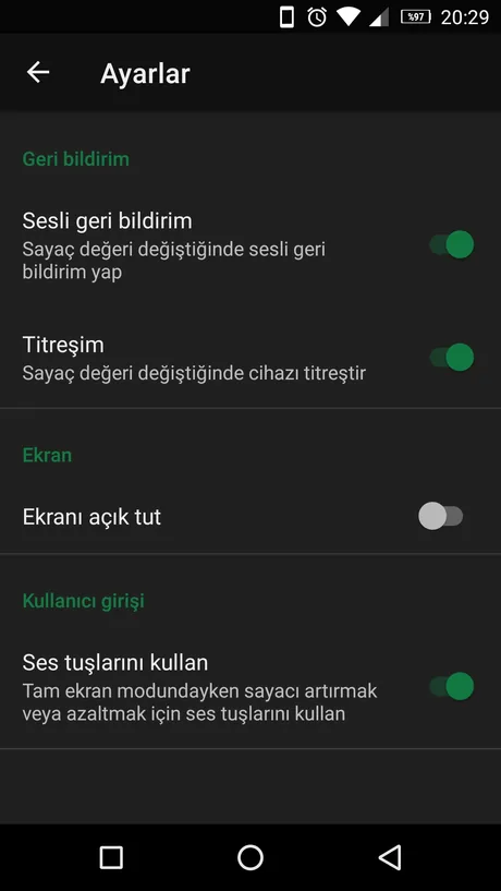 Ayarlar ekranı