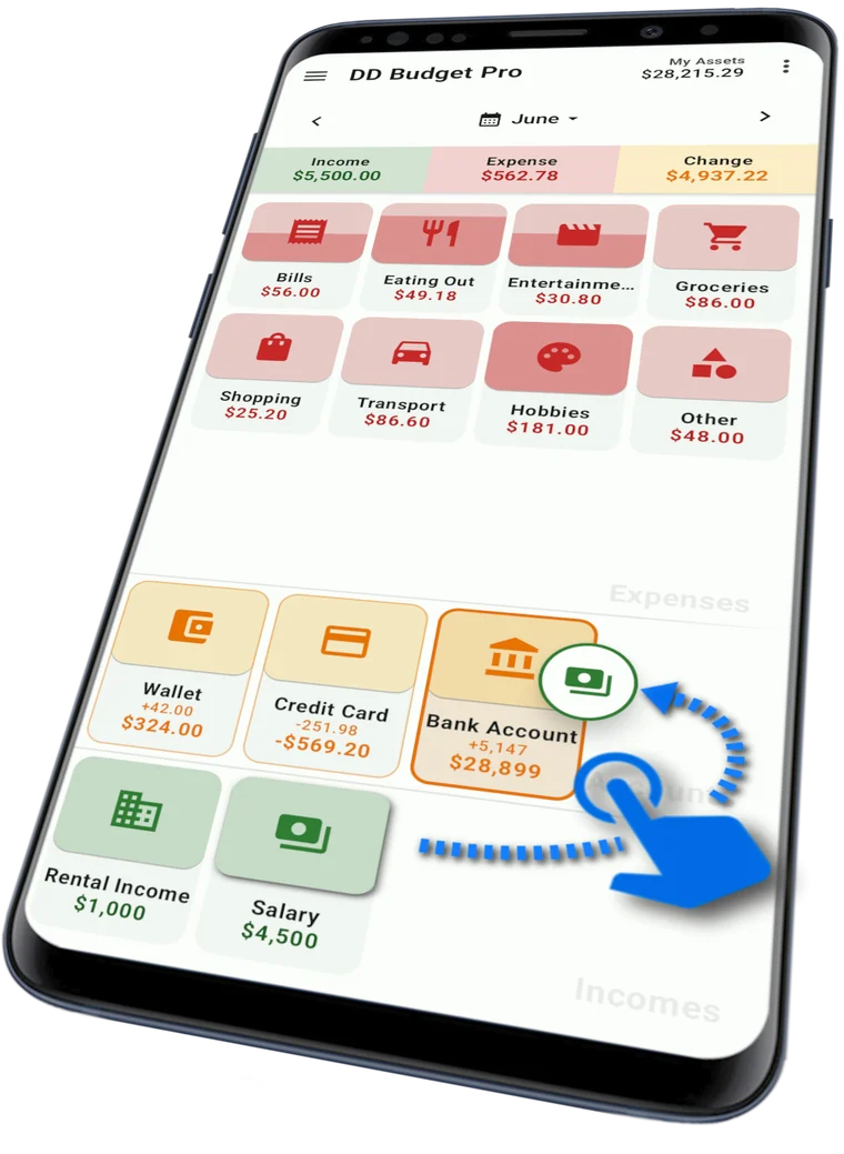 DD Budget home screen with a category tile being dragged onto a bank account