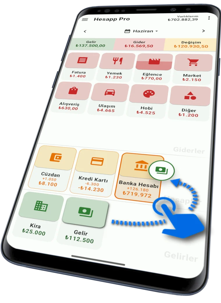 Hesapp ana ekranı: bir kategori kutucuğu banka hesabının üzerine sürüklenirken