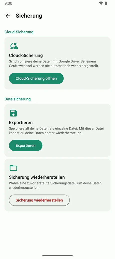 Bildschirm für Cloud-Sicherung und Excel-Export