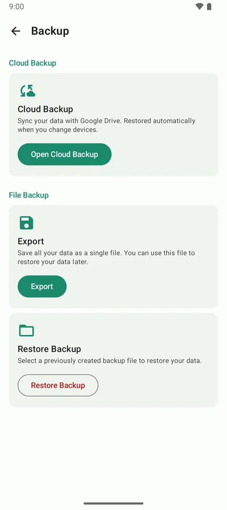 Cloud backup and export to Excel screen