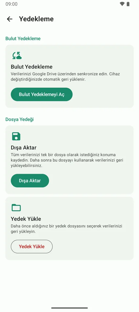 Bulut yedekleme ve Excel'e dışa aktarma ekranı