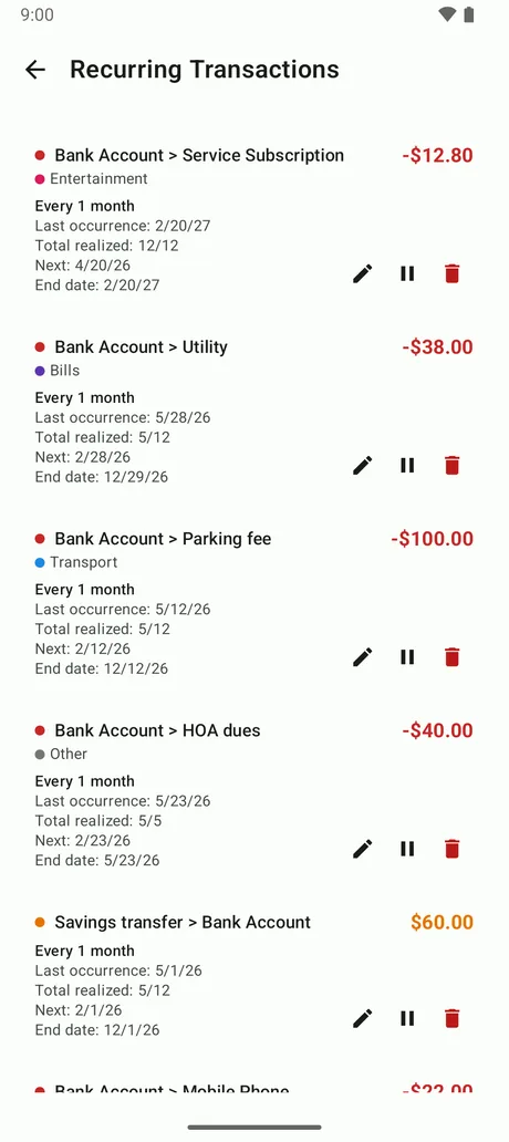 List of recurring transactions with reminders