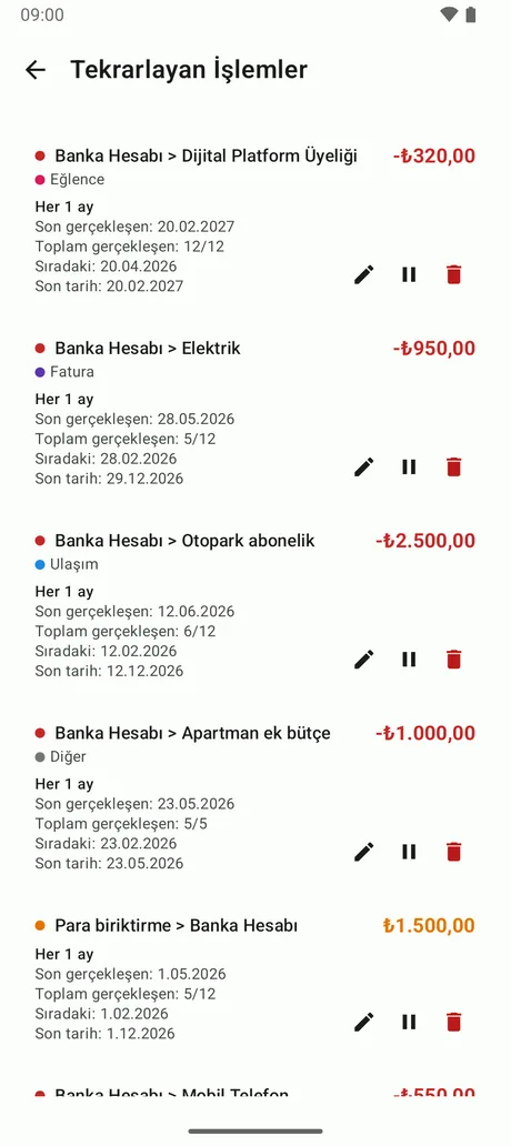 Tekrarlayan işlemler listesi ve hatırlatıcılar