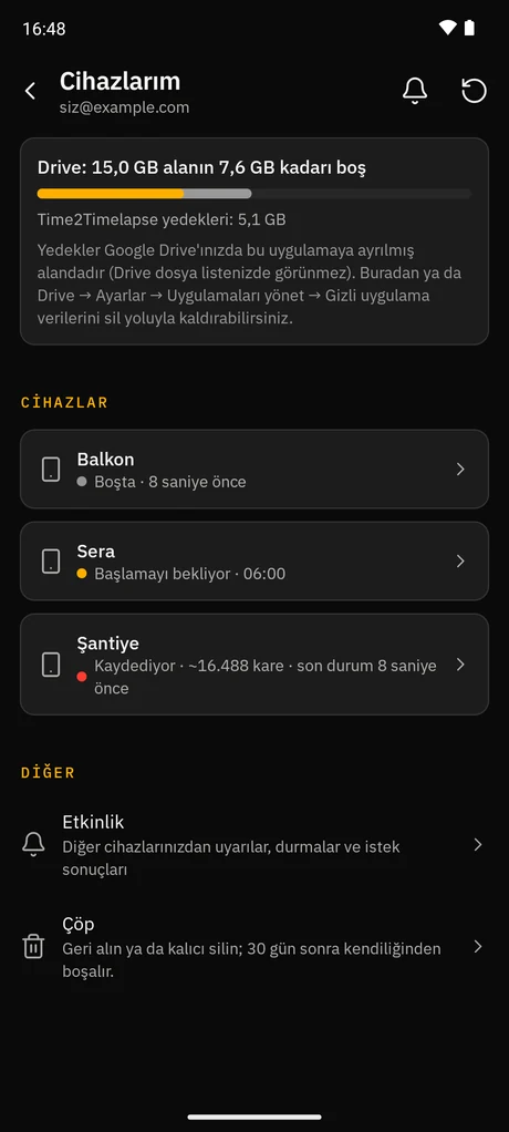 Yedekler: cihazlar ve Drive alanı