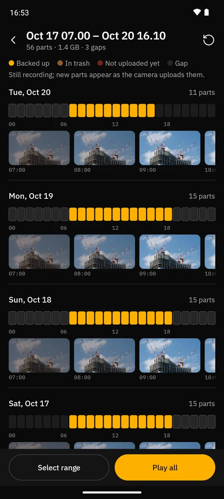 Timeline with hour strip and thumbnails